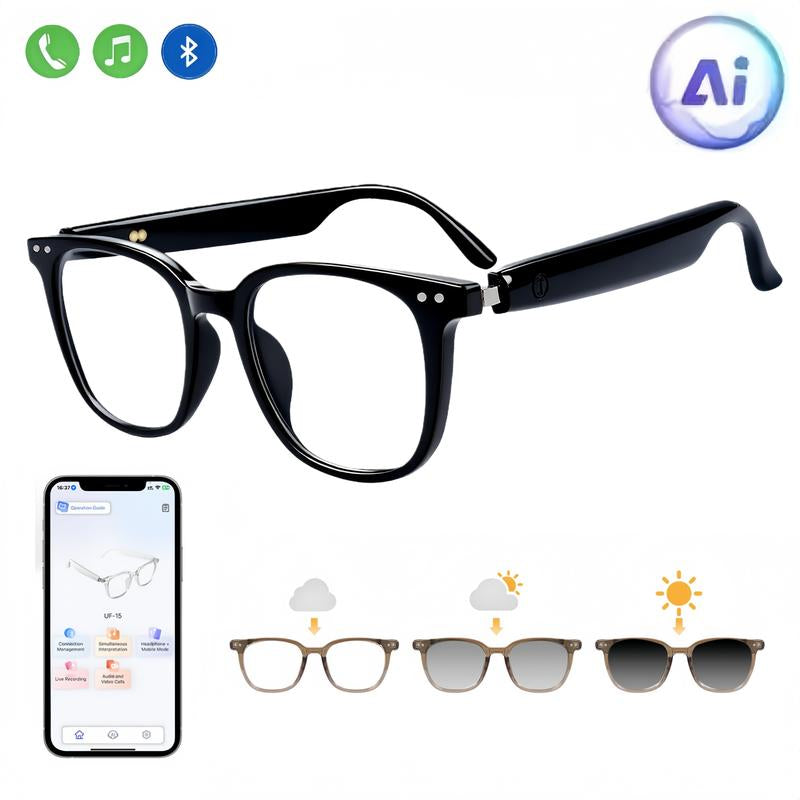 VUB AI Translation Smart Glasses with Bluetooth Auto-Tinting Polarized Lenses Built-In Speakers Mic Blue Light Blocking Wearable Wireless 160 Languages Real-Time AI Translation